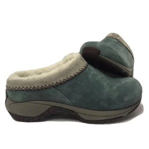 Merrell Encore Chill Stitch Blue/Green womens 6.5 Fur leather suede Lined Clogs